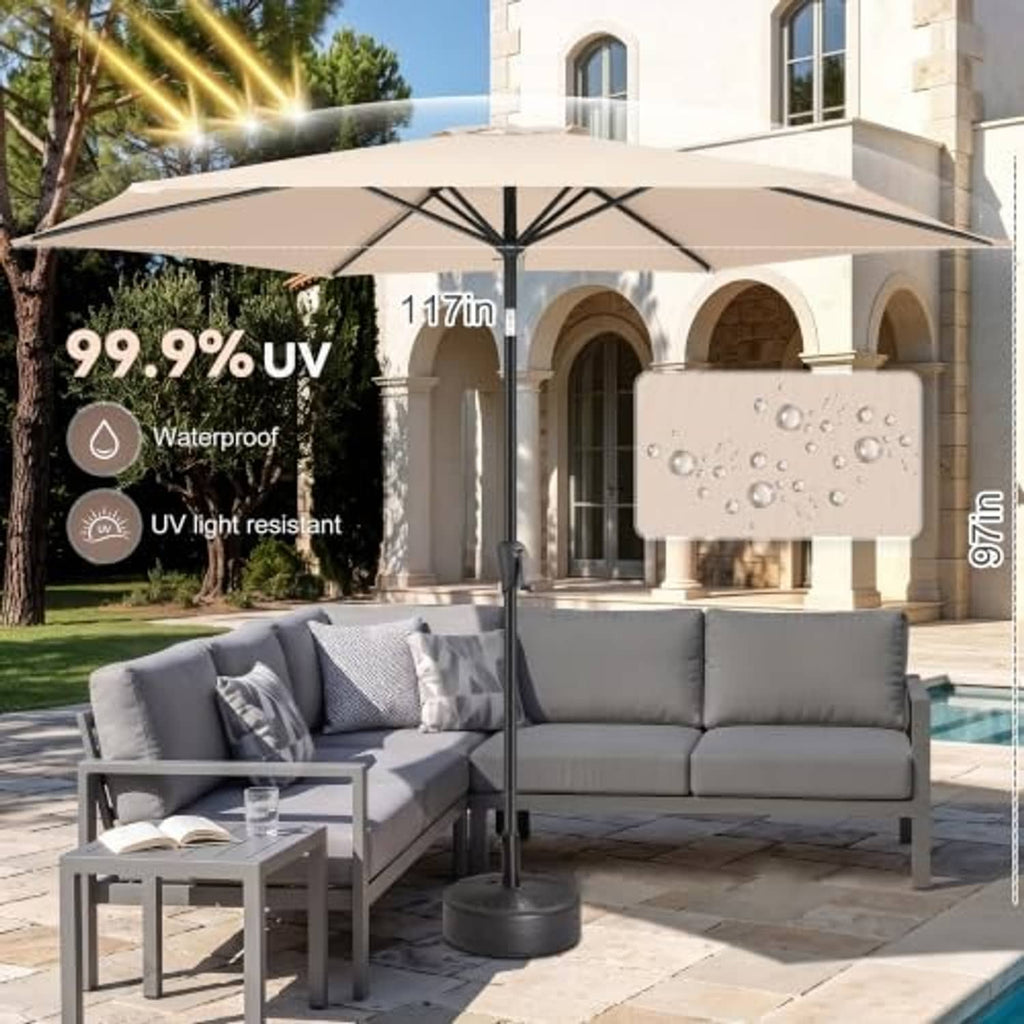 Beige patio umbrella with UV and waterproof protection over outdoor lounge