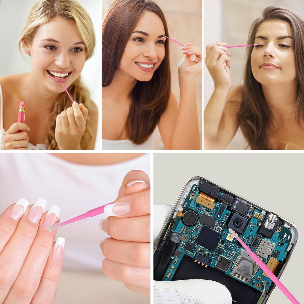 Pink micro swabs in use for lash and makeup detail; multiple people shown