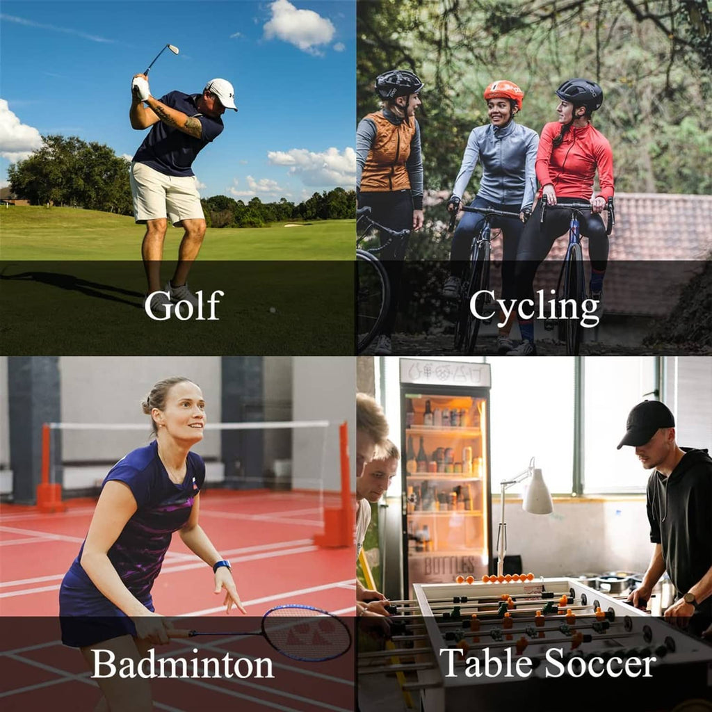 Finger sleeves shown for golf, cycling, badminton, and table soccer sports