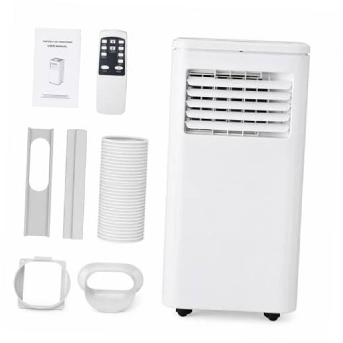 White portable air conditioner with front vent grille and included hose and remote accessories