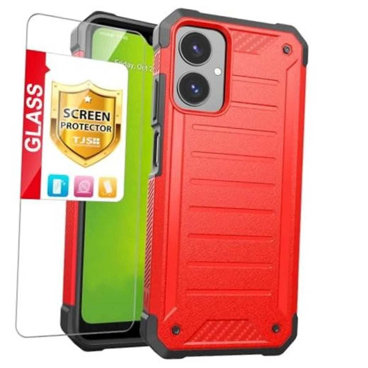 Red rugged phone case with raised bezel and dual camera cutouts