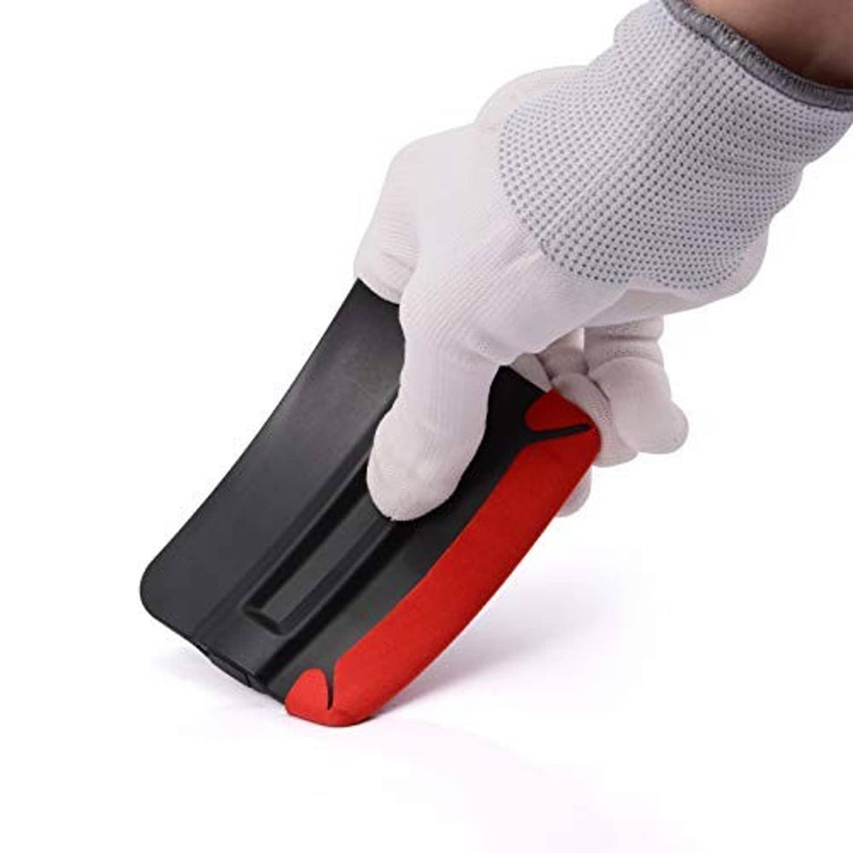 Magnetic felt squeegee with red felt pad and black base, gripped by a glove
