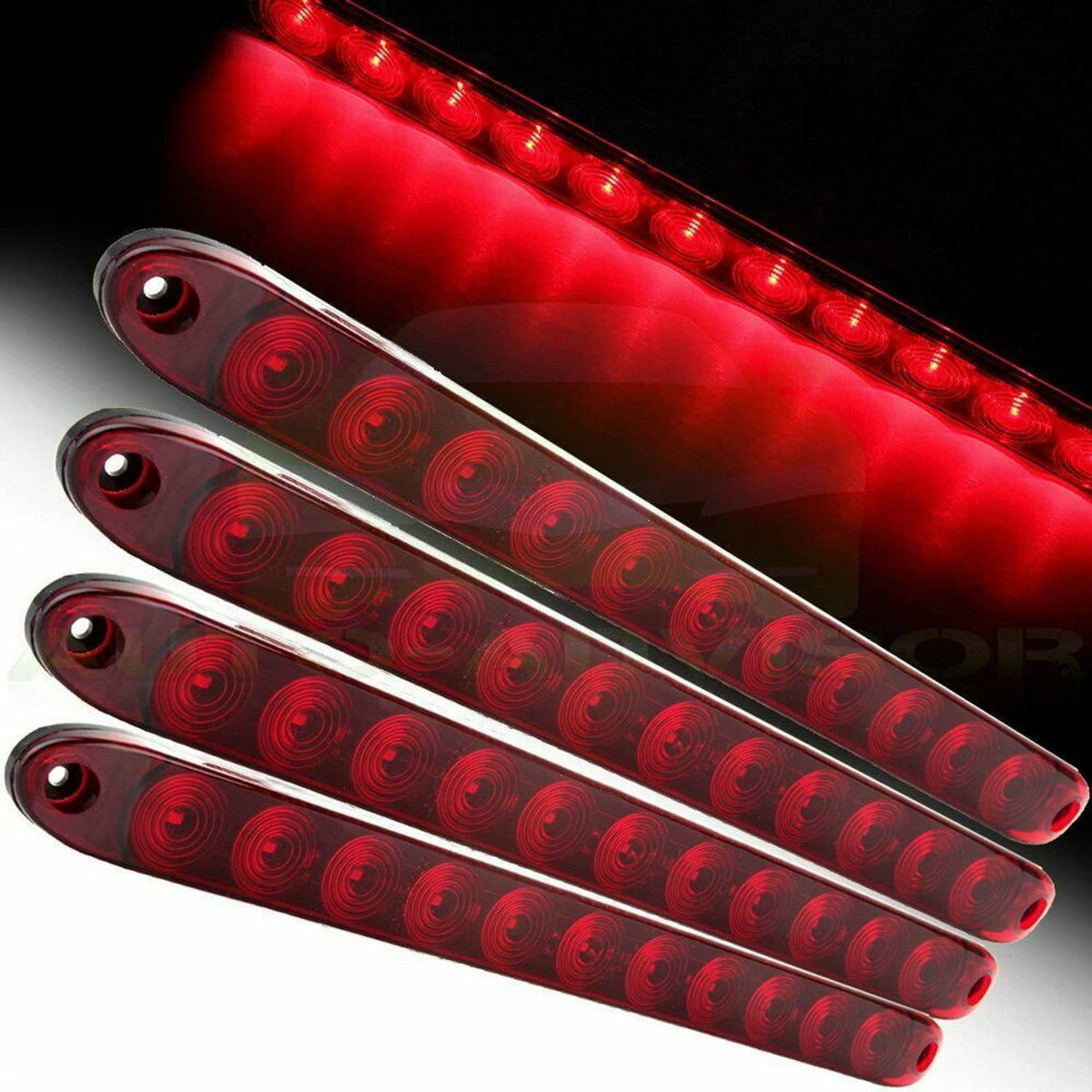 Red LED trailer light bar strips with clear lens and circular LED pattern, side view