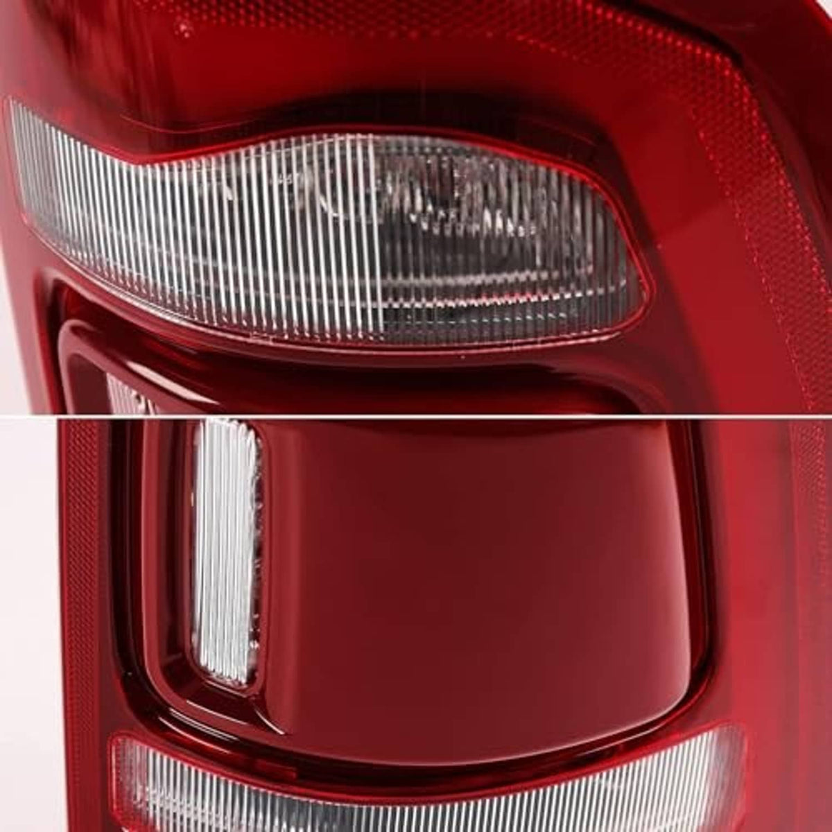 Close-up of red tail light lens with clear reflector and chrome interior trim