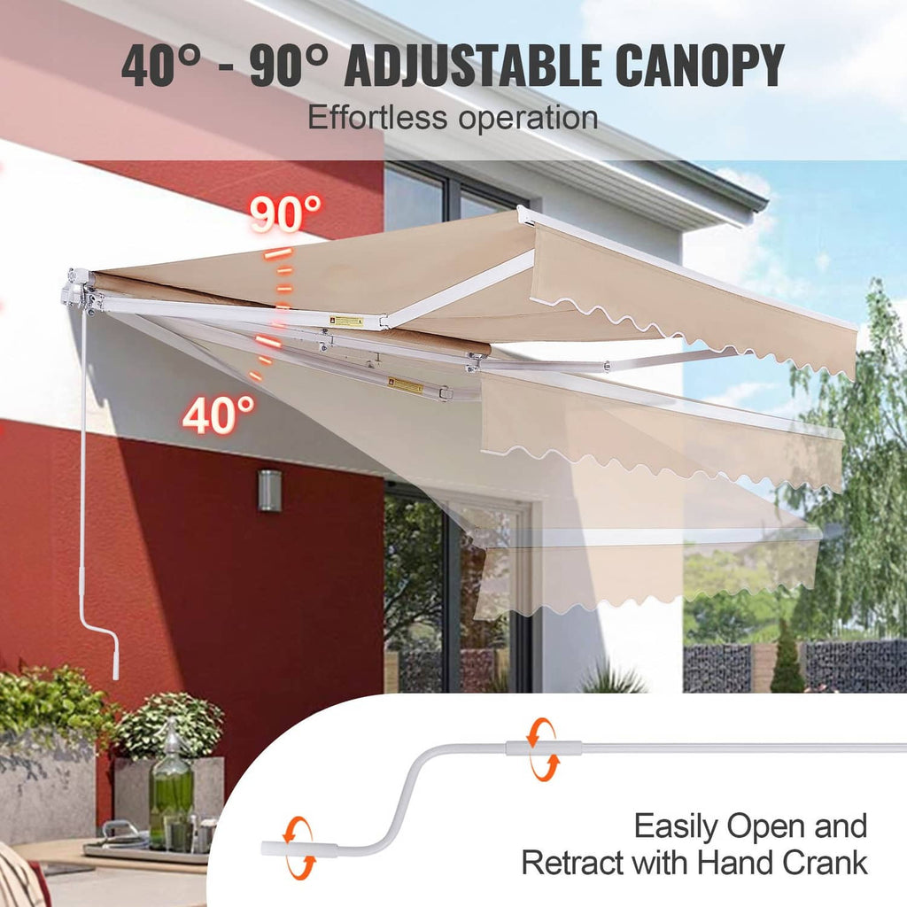 Retractable patio awning with beige canopy and hand-crank retraction mechanism