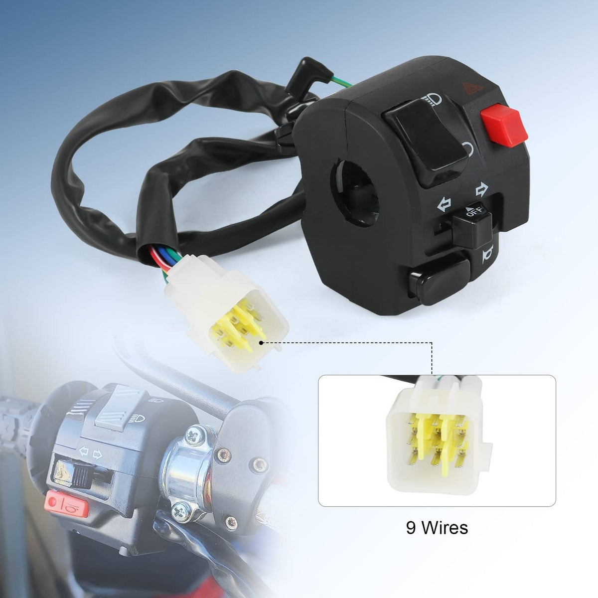 Motorcycle switch housing with red button and wire harness plus connector plug