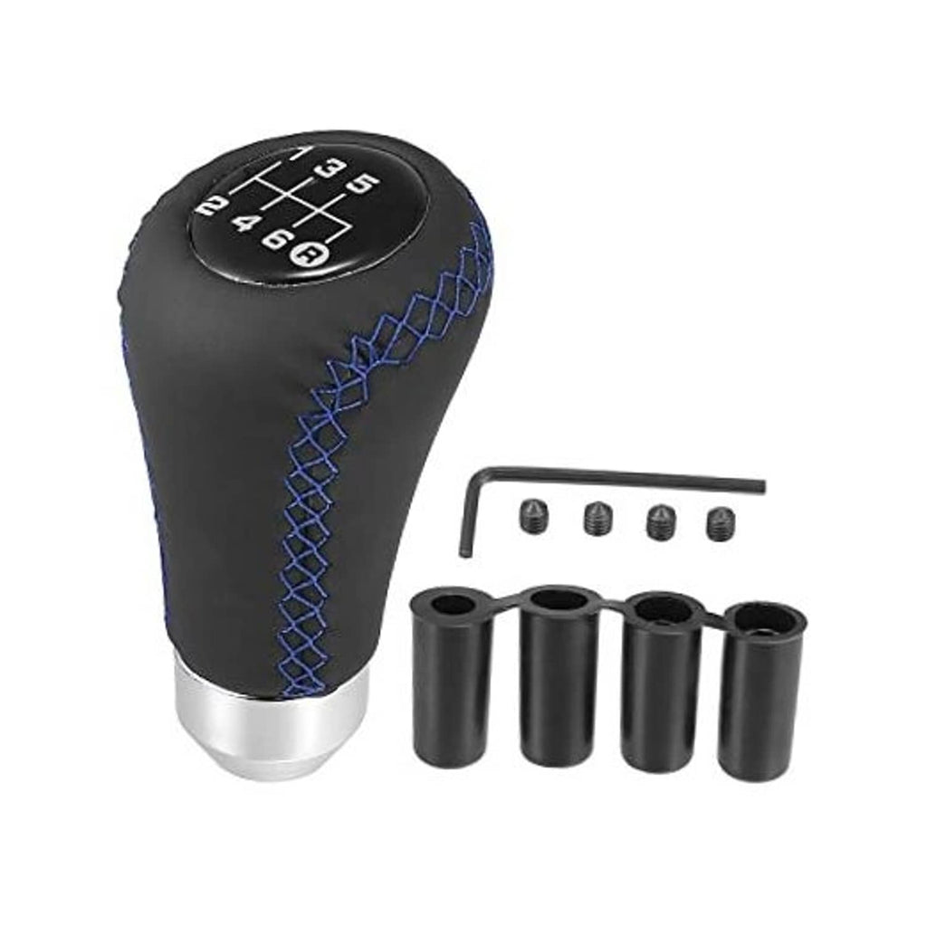 6-speed car gear shift knob with black leatherette and blue cross-stitch pattern