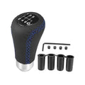 6-speed car gear shift knob with black leatherette and blue cross-stitch pattern