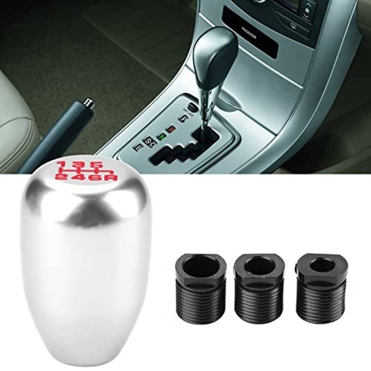 Silver manual gear shift knob and three black threaded adapters, shown near the shifter