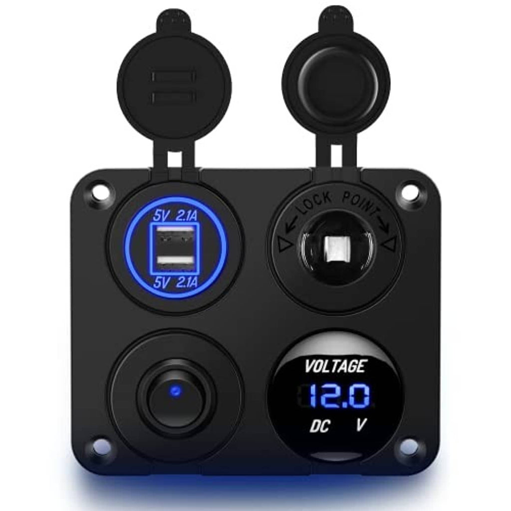 Black 4-in-1 charger panel with dual USB ports, lock-point socket, and voltmeter readout
