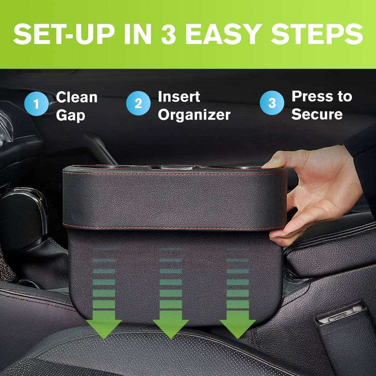 Black PU leather car seat console organizer with wide strap, red contrast stitching