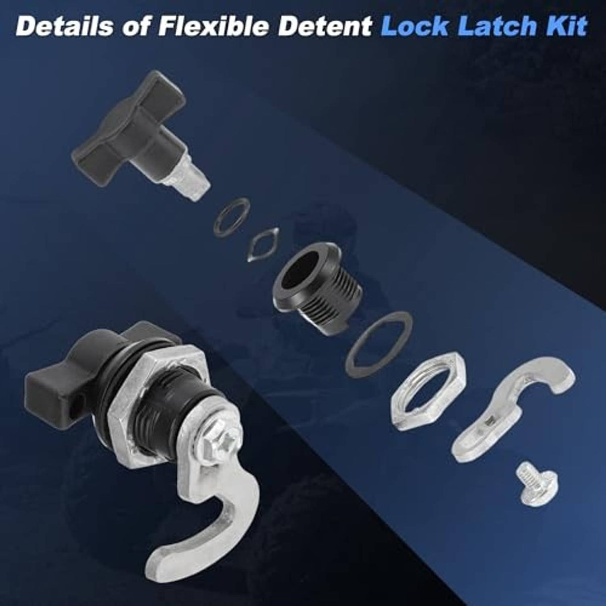 Flexible detent lock latch kit with black latch hooks, screws, and small springs