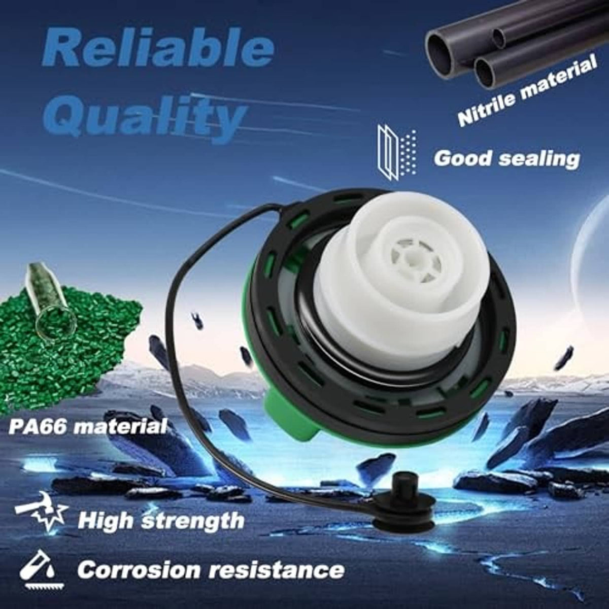Green and black diesel fuel tank cap with visible white interior insert