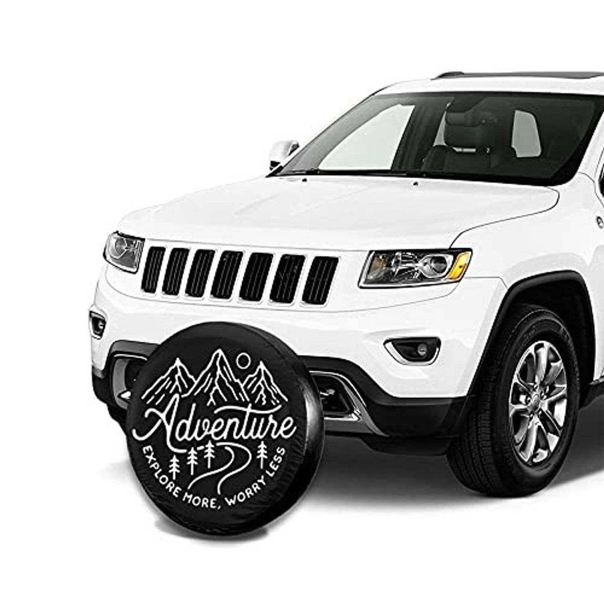 Black RV tire cover on white Jeep, circular Adventure mountain logo design