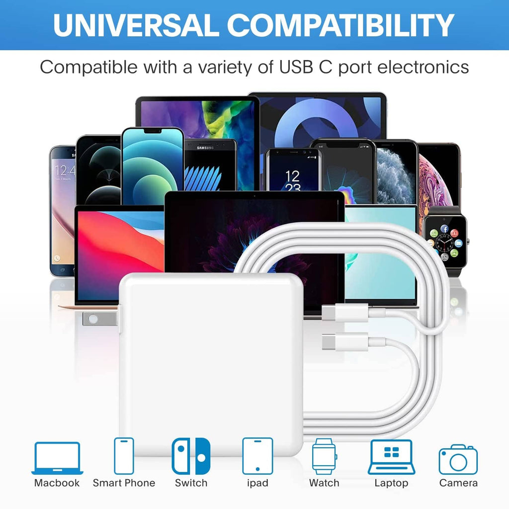 White USB-C charger with coiled cables and compatibility device icons
