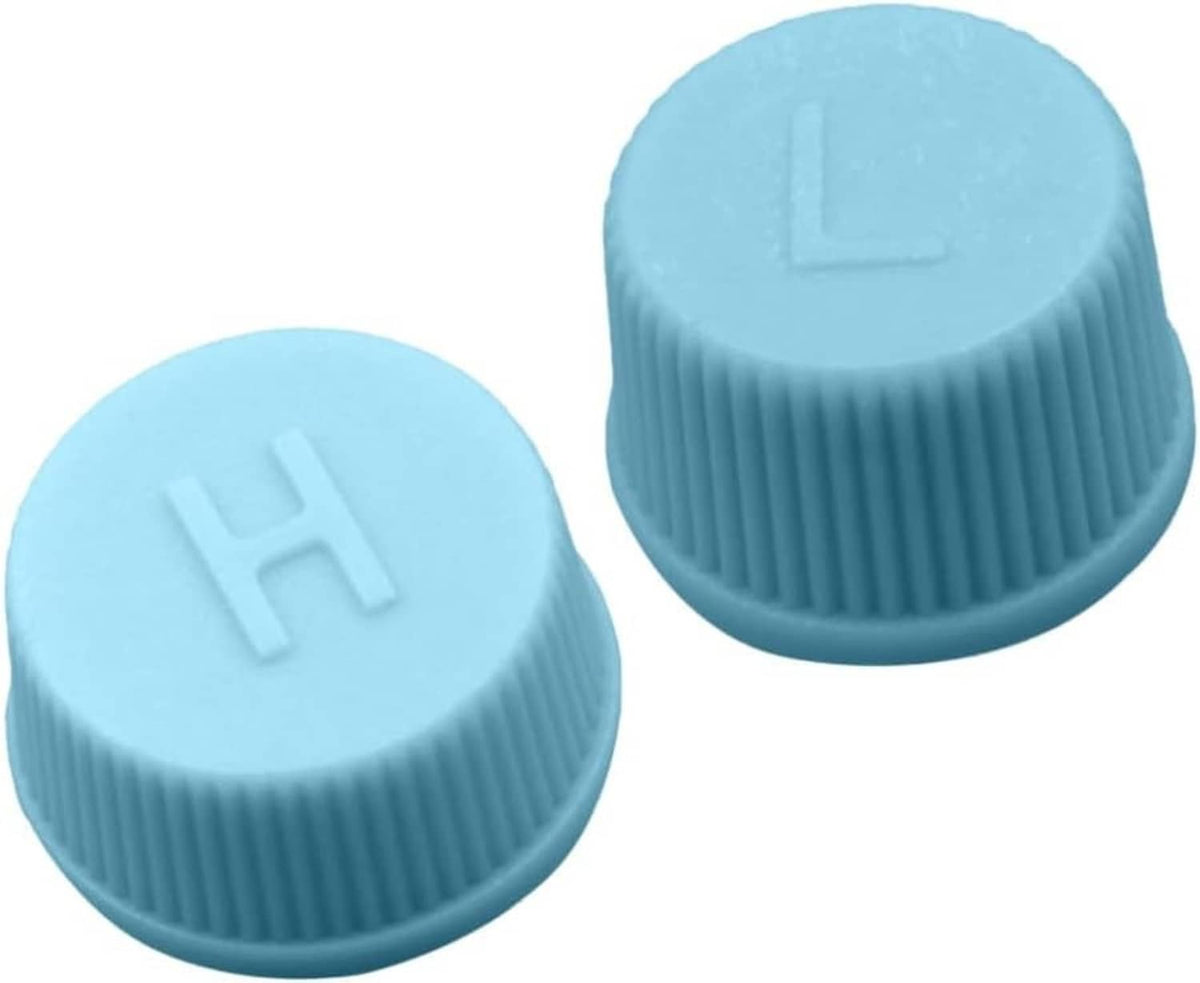 Light blue A/C valve caps with ribbed texture and H symbol on rounded tops