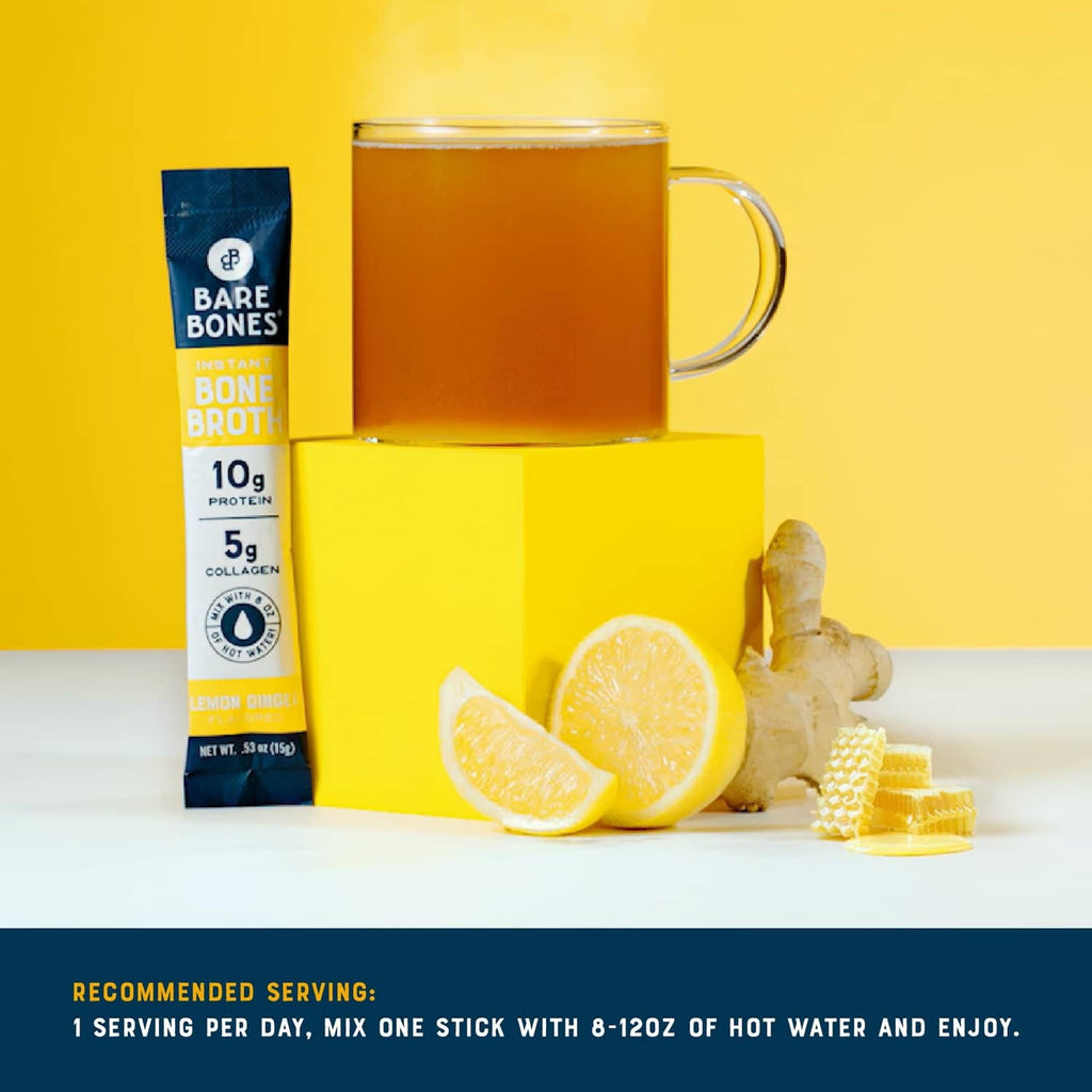 Bare Bones instant bone broth lemon ginger stick pack with mug and ginger