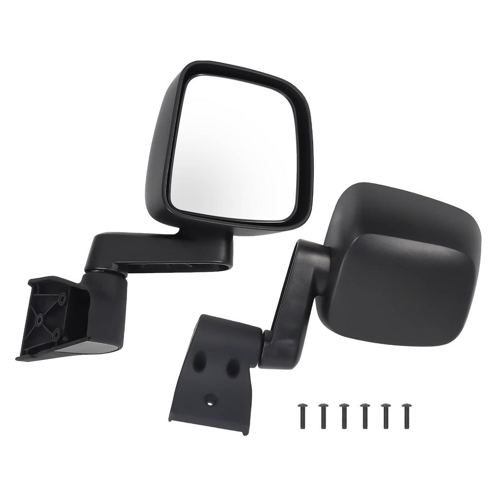 Black manual side mirror pair with mounting brackets and included screws