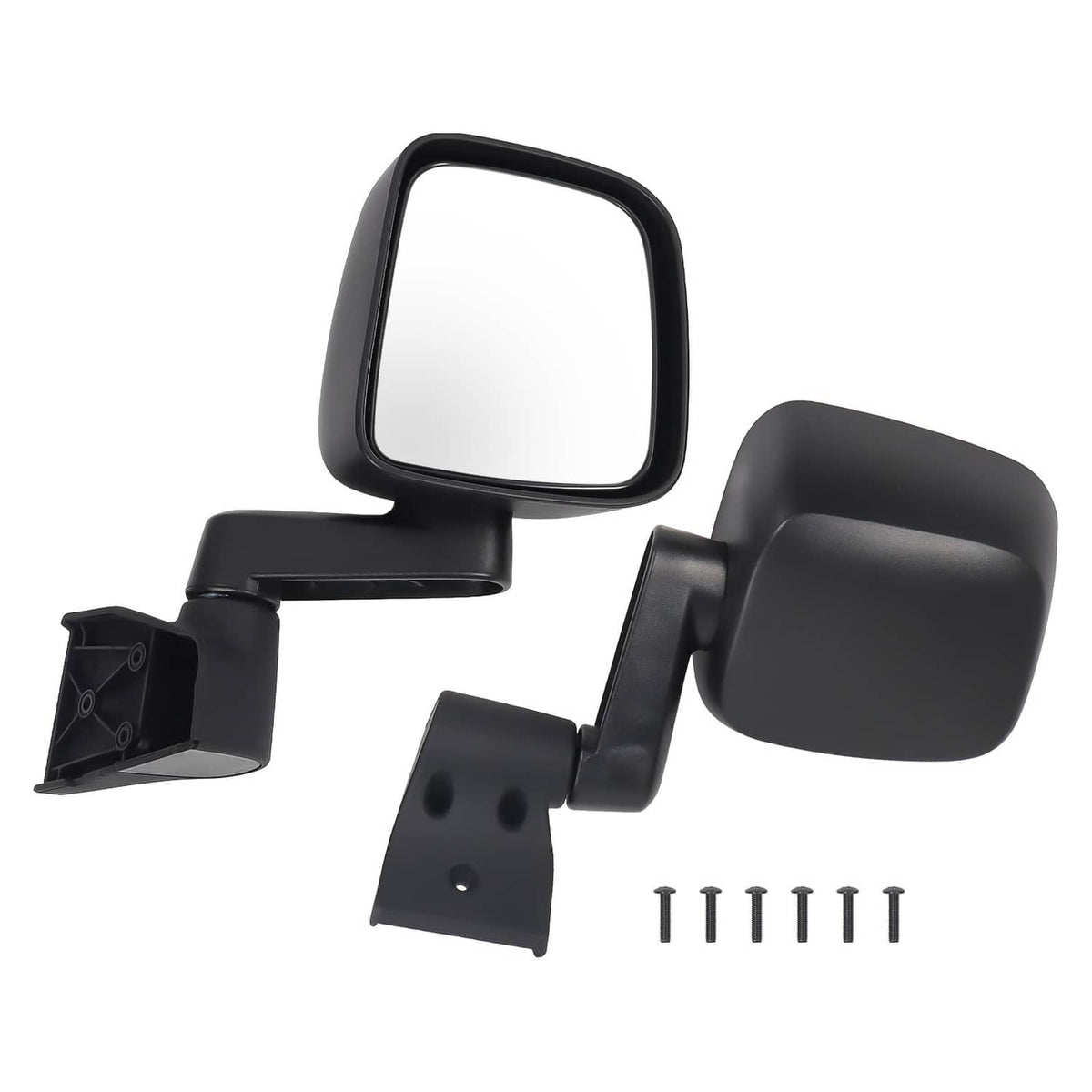 Black manual side mirror pair with mounting brackets and included screws
