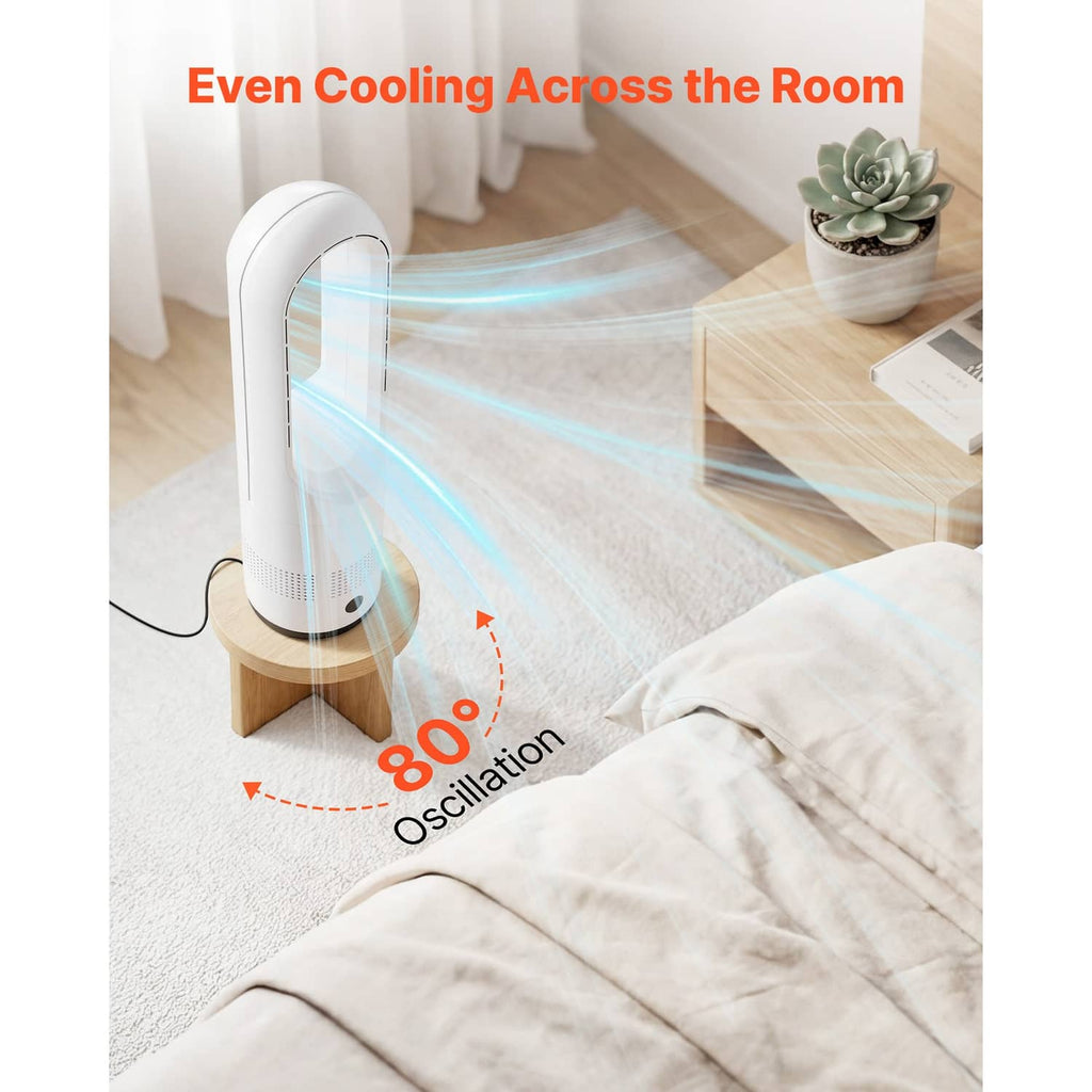 White bladeless tower fan with blue airflow stream and 80° oscillation arc.