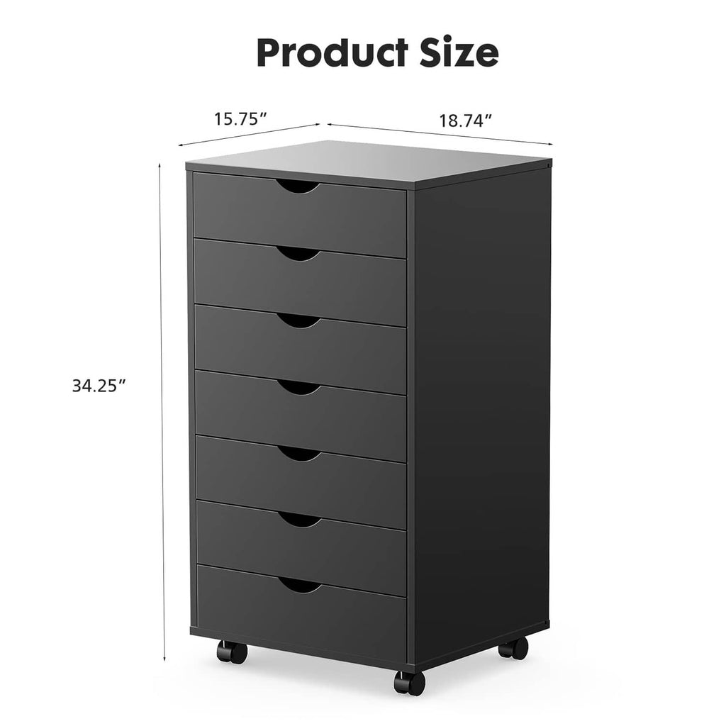 Black 7-drawer file cabinet on wheels, product size view with dimensions