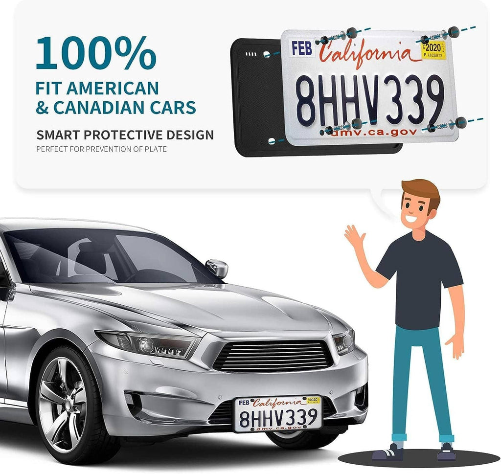 Black silicone license plate frame on front license area, four bolt holes in textured border
