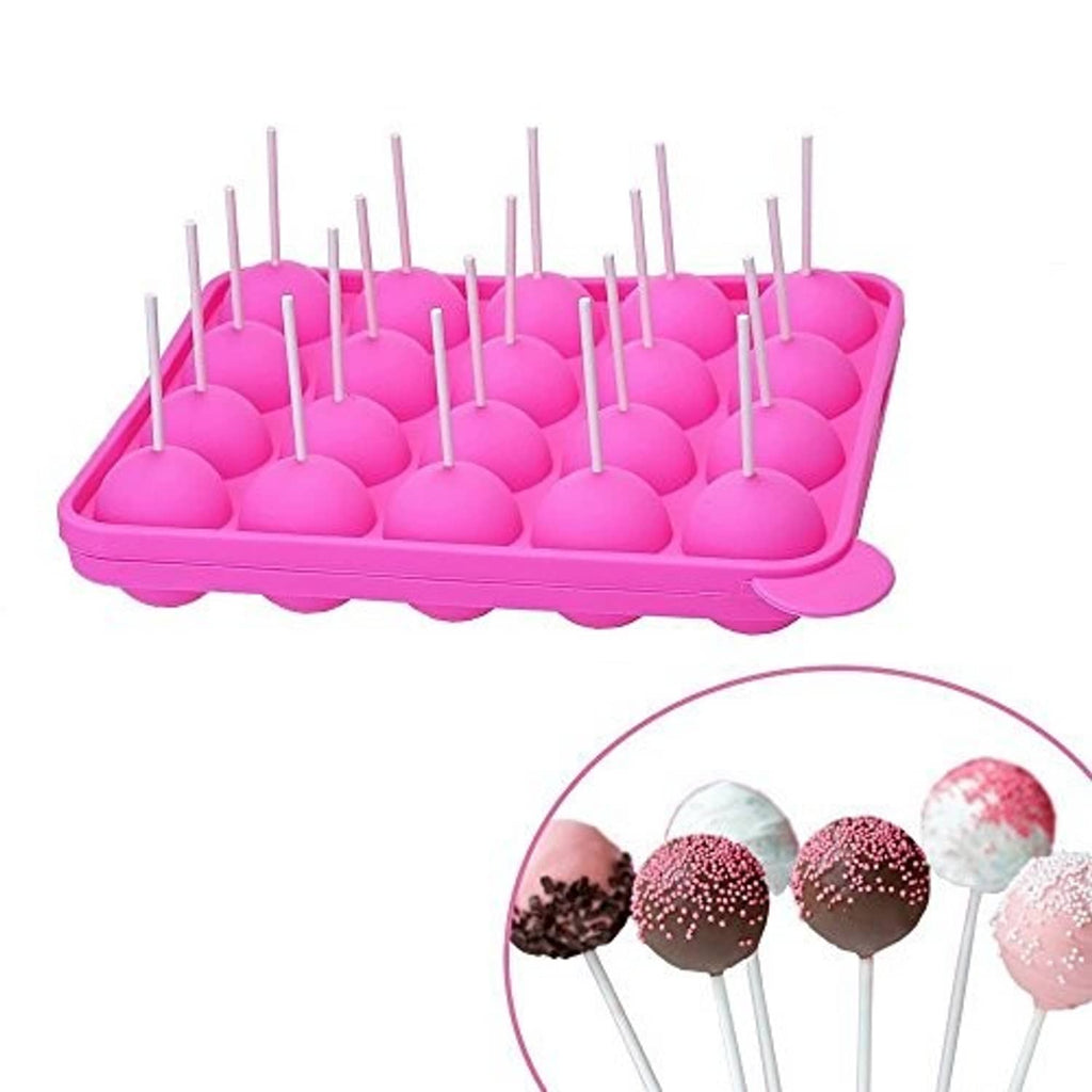 Pink silicone cake pop mold with 20 cavities and stick holes tray