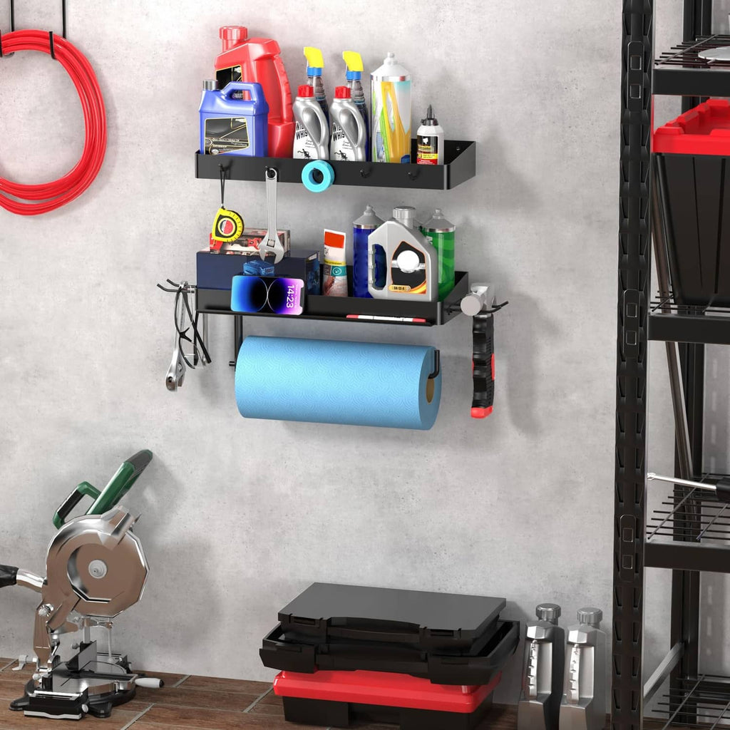ZUNTO black garage organizer wall shelf with tool hooks and blue paper roll
