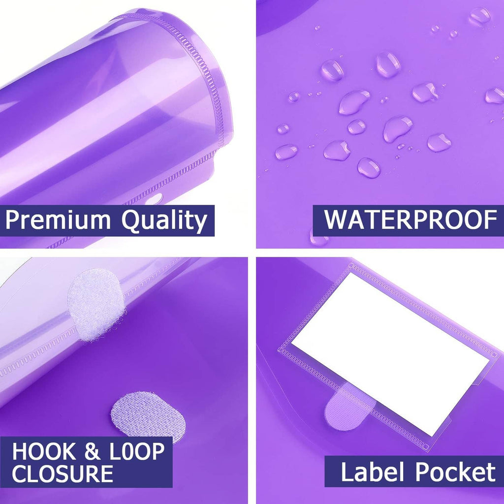 Purple waterproof binder pocket folder close-up with hook-and-loop closure and label pocket
