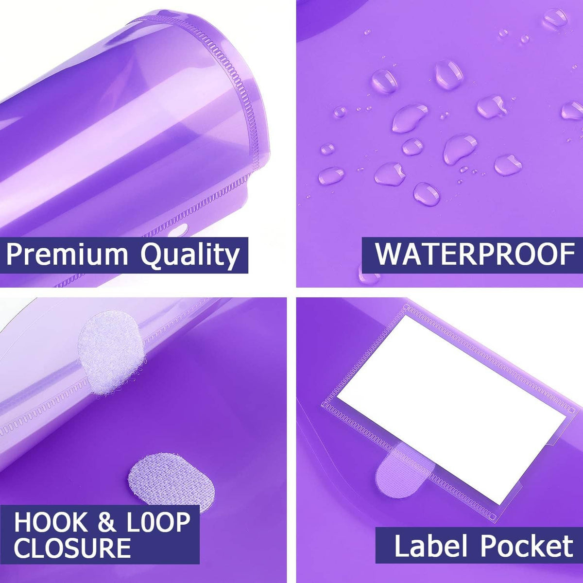 Purple waterproof binder pocket folder close-up with hook-and-loop closure and label pocket
