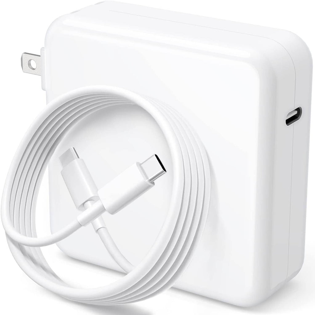 White USB-C 120W power adapter with folded plug and coiled charging cable