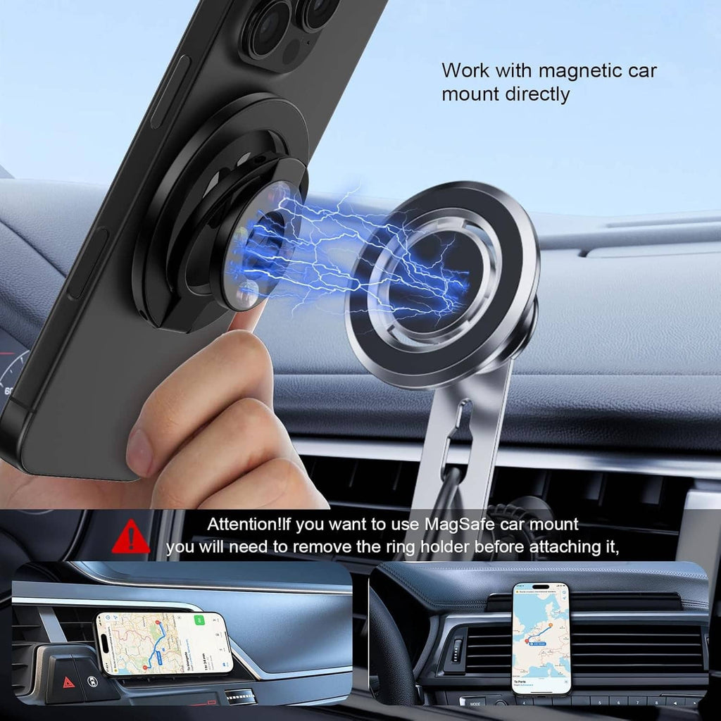 Black magnetic phone ring holder attached to a phone in a car dashboard setup