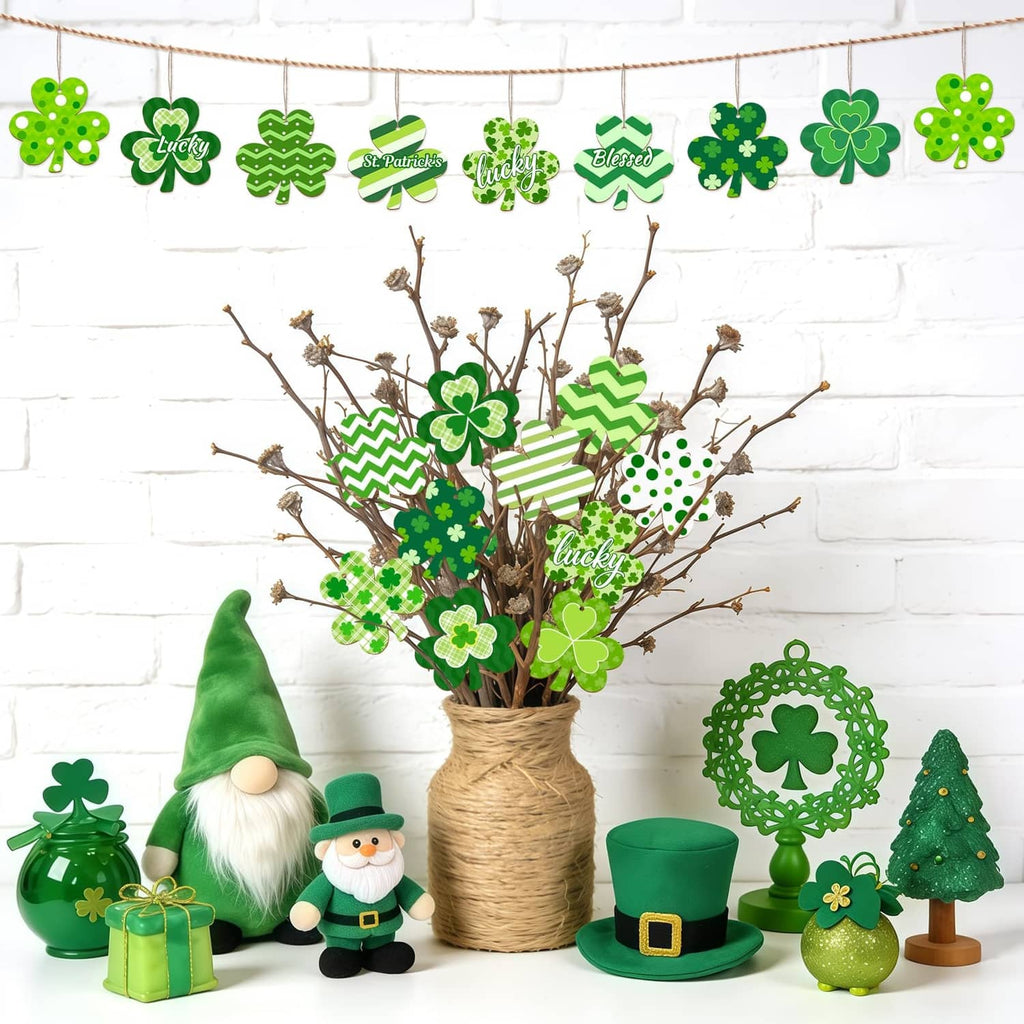 Hanging wooden shamrock ornaments on a string, with clover cutout designs