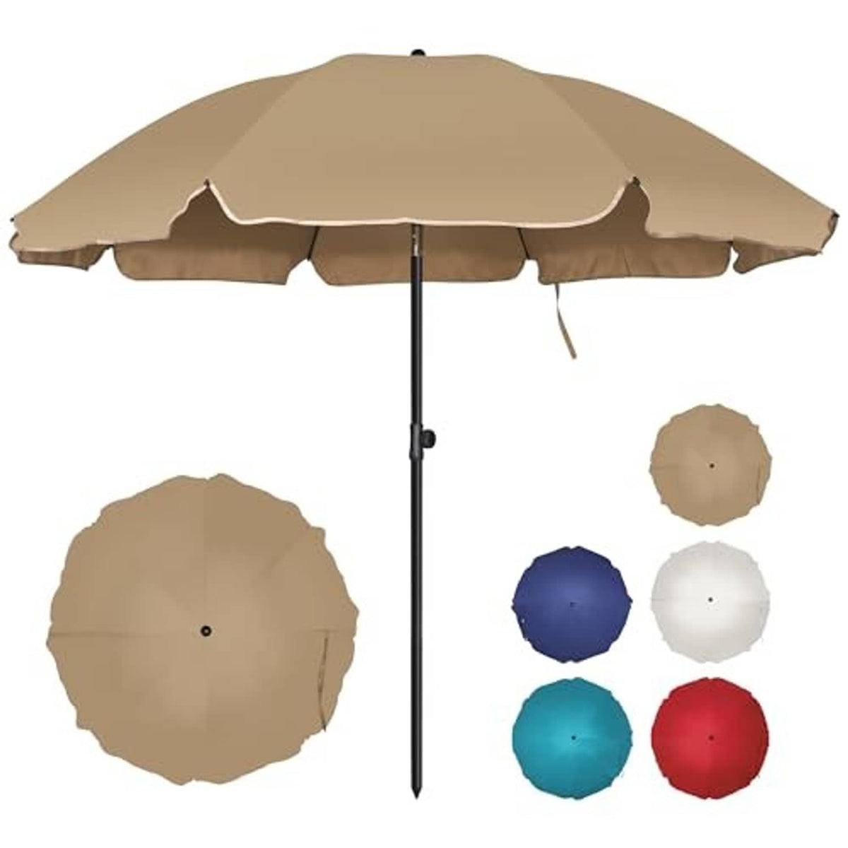 Tan patio umbrella with scalloped canopy on center pole and six color option swatches