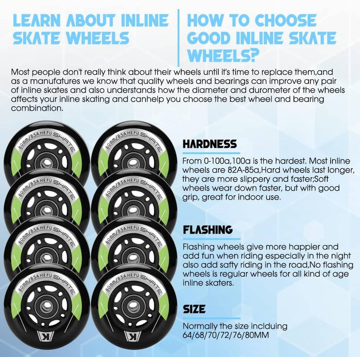 Inline skate wheels infographic, black wheels with green stripe and size indicators