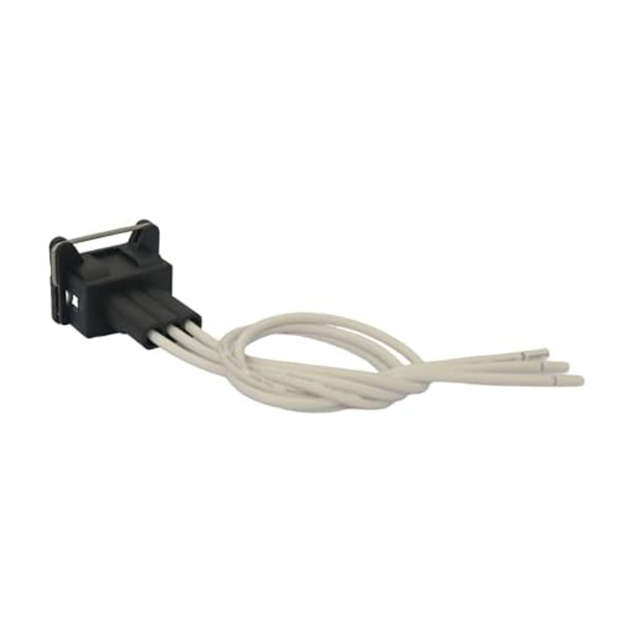 Wiring harness pigtail connector with black housing and multiple white wire leads