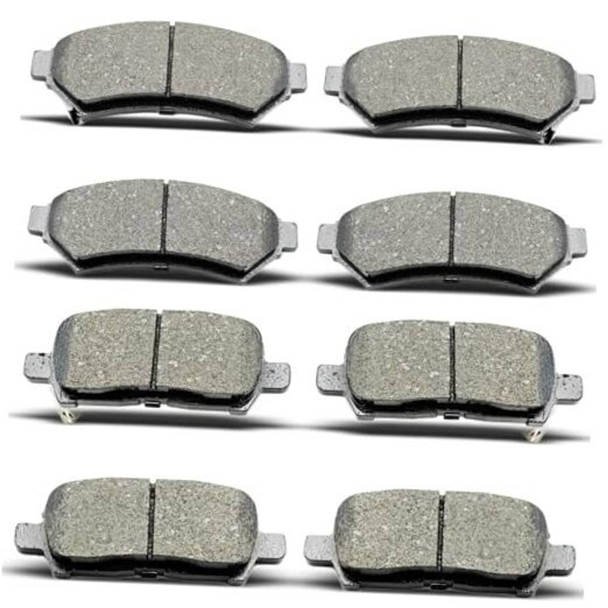 Set of front and rear ceramic brake pads, gray friction material with metal backing (8-pack).