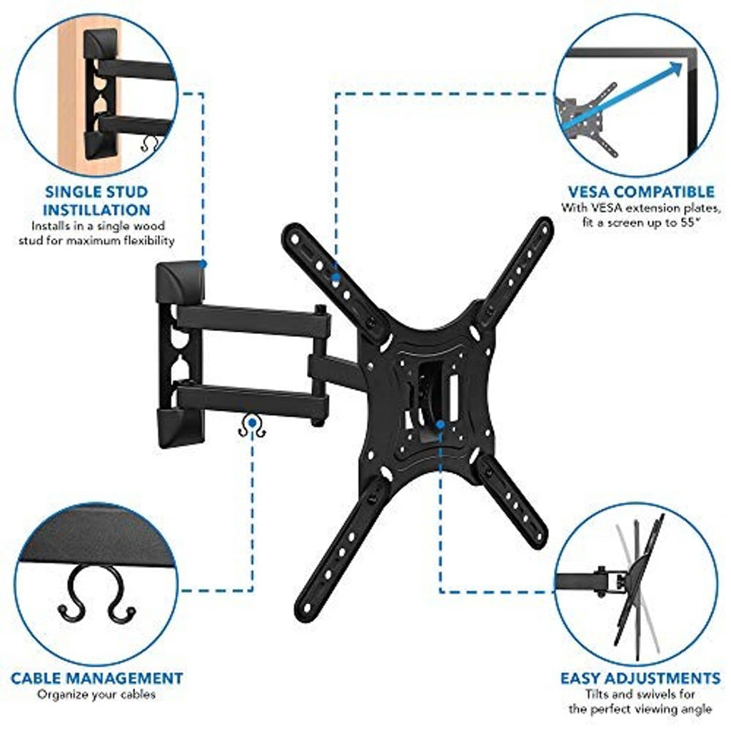 Black full-motion TV wall mount with two-bar support and cable management hook