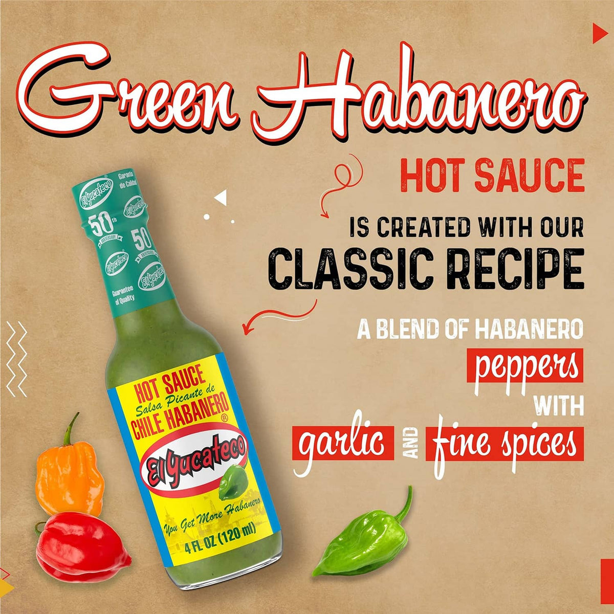 El Yucateco green habanero hot sauce bottle with pepper and garlic illustrations