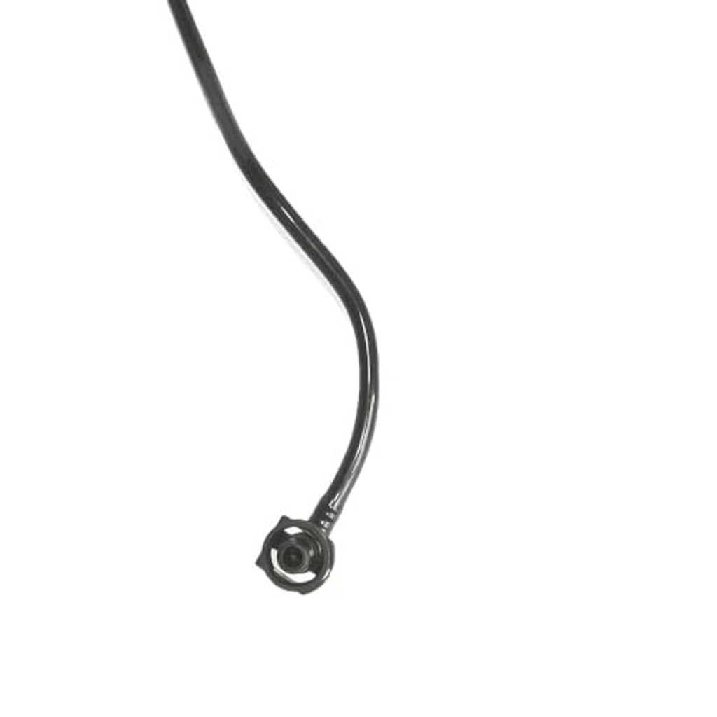 Curved coolant overflow hose with round connection port and black rubber tubing