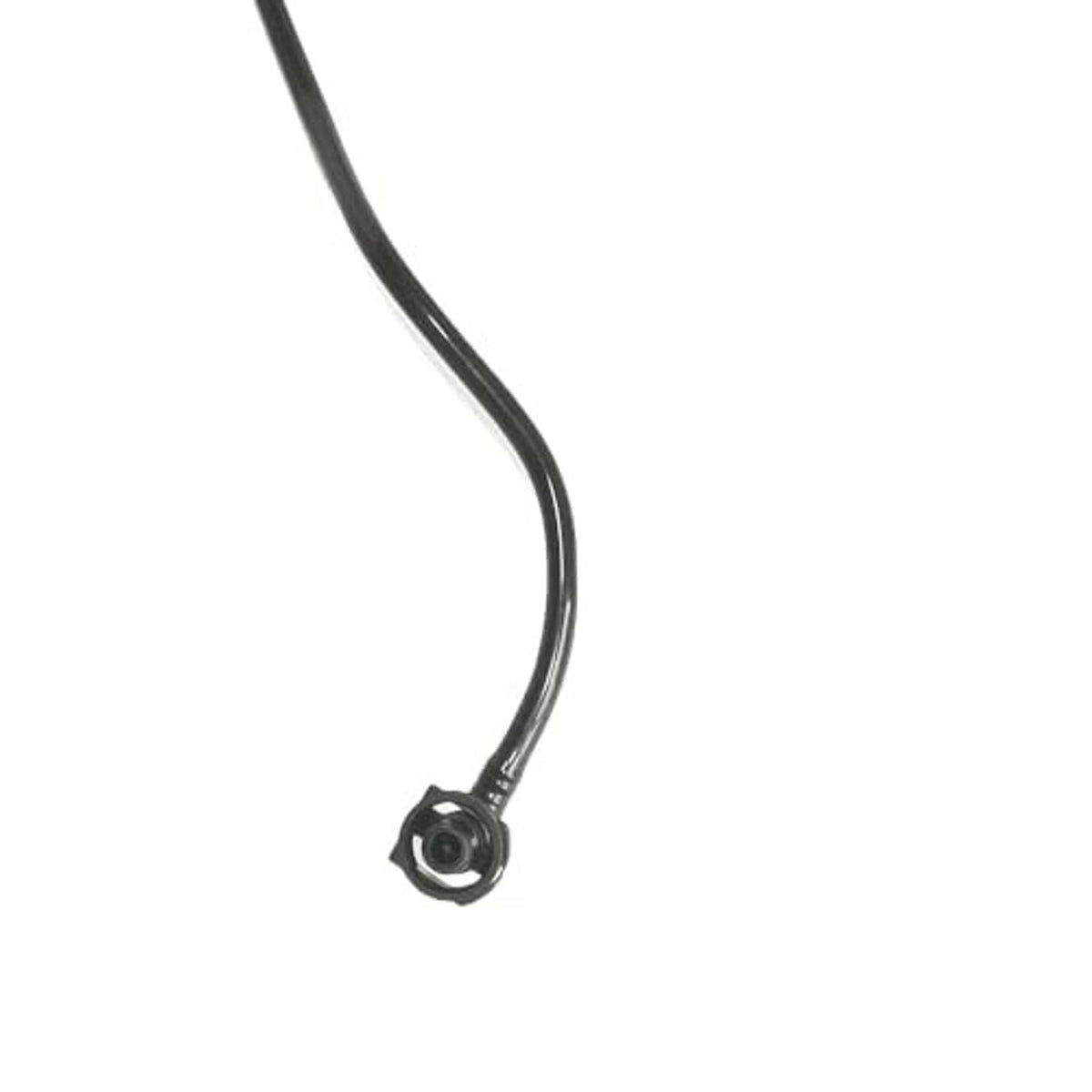 Curved coolant overflow hose with round connection port and black rubber tubing