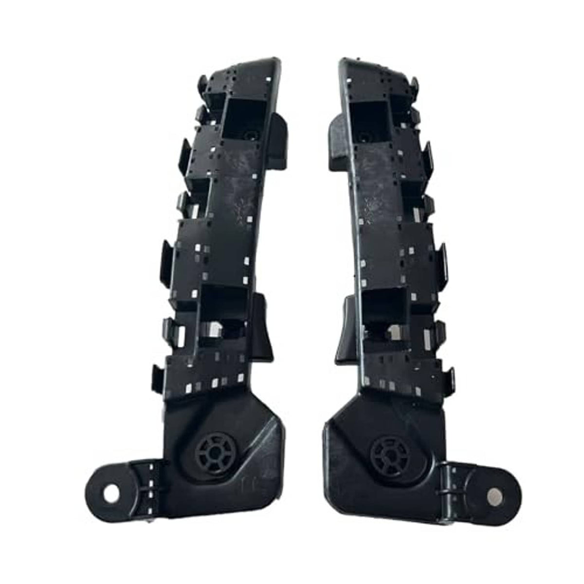 Pair of black bumper bracket mounts with circular openings and multi-tab attachment points