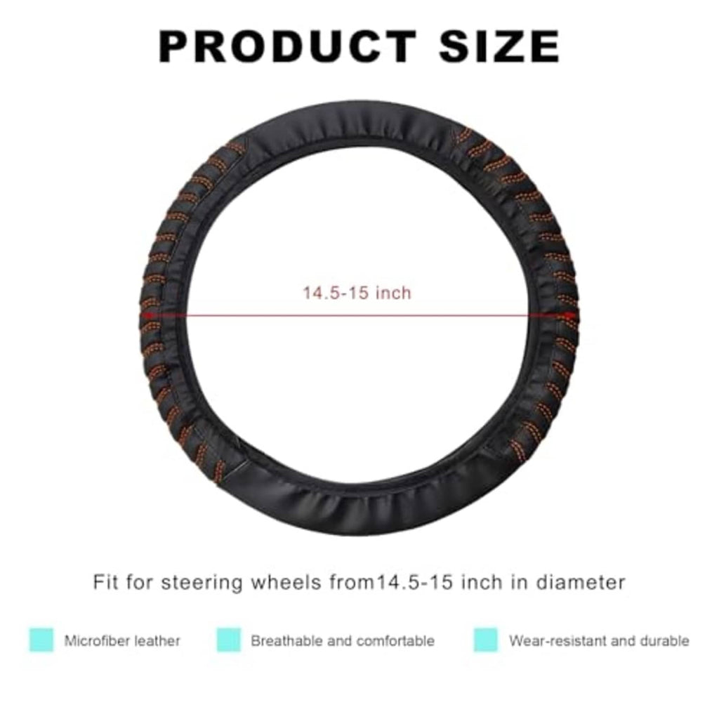 Black steering wheel cover sized for 14.5–15 inch steering wheels, orange stitching