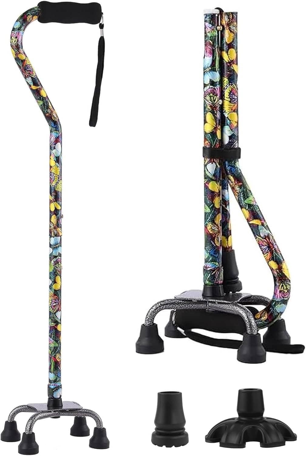 Floral quad walking cane for women with black handle, adjustable shaft, quad base and tips