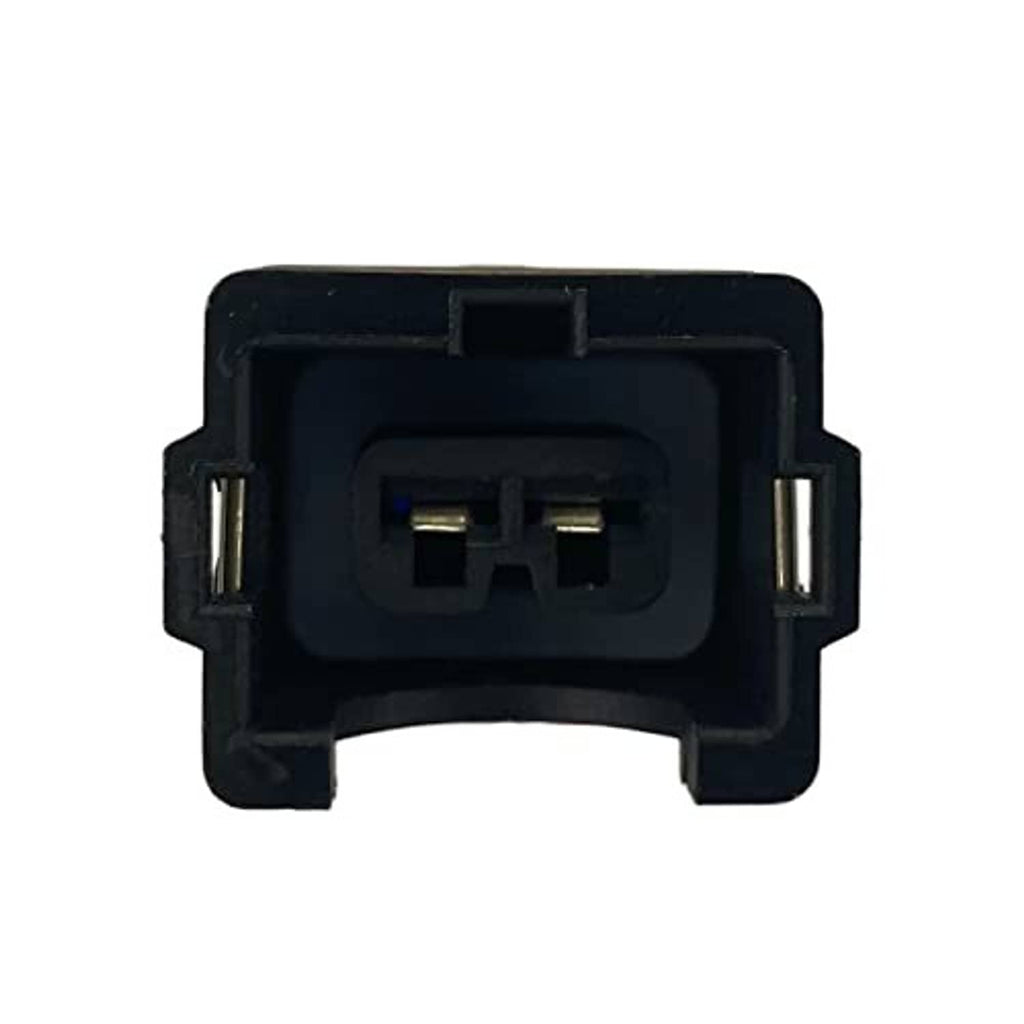 Black two-pin sensor connector plug with internal metal terminals
