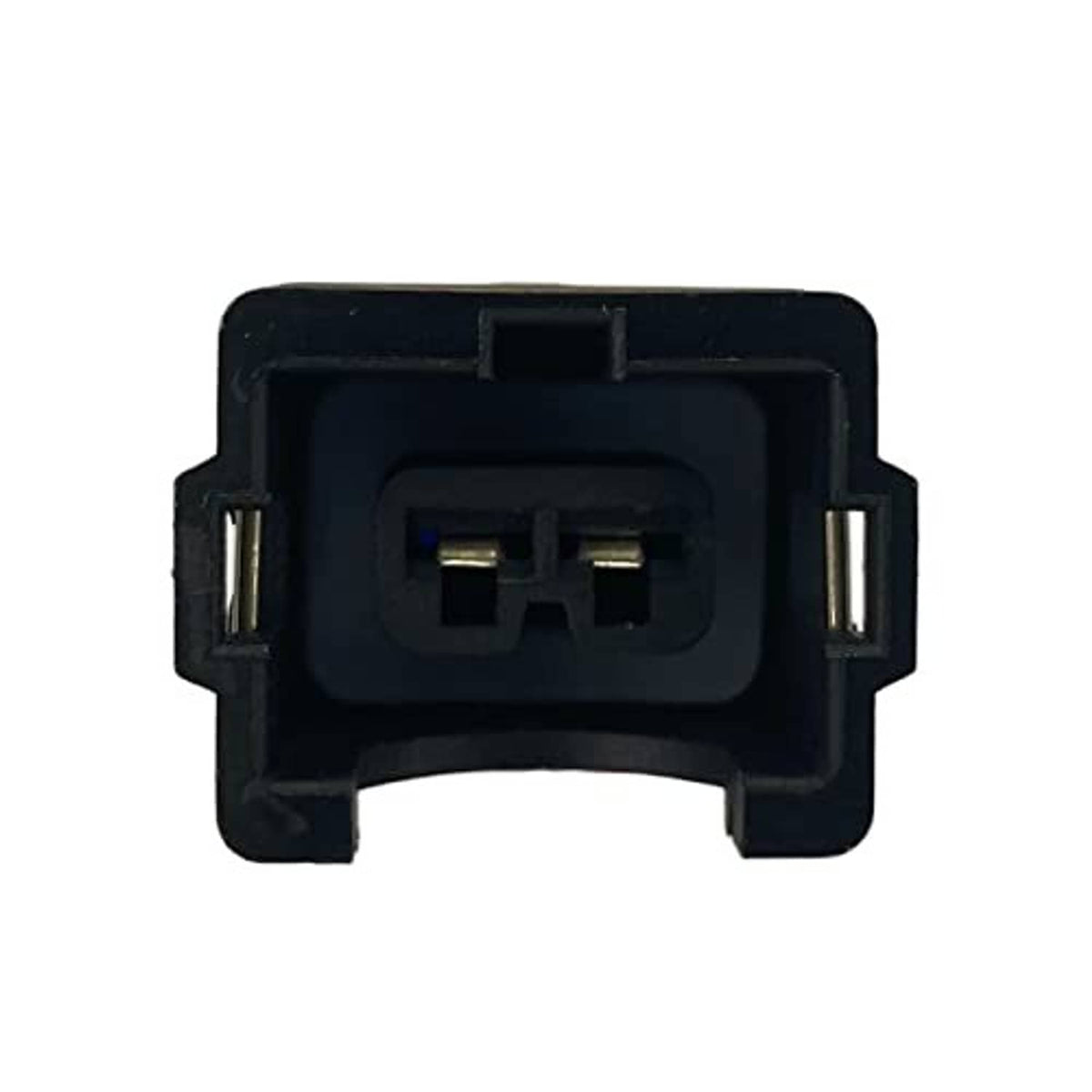 Black two-pin sensor connector plug with internal metal terminals