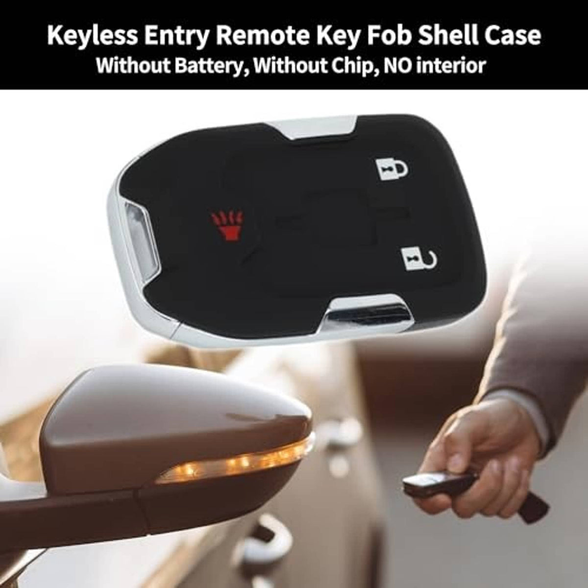 Black keyless entry remote shell case with lock/unlock icons and silver key blade