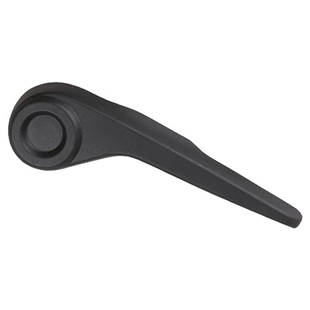 Seat recliner handle lever, black plastic side view with round control cap