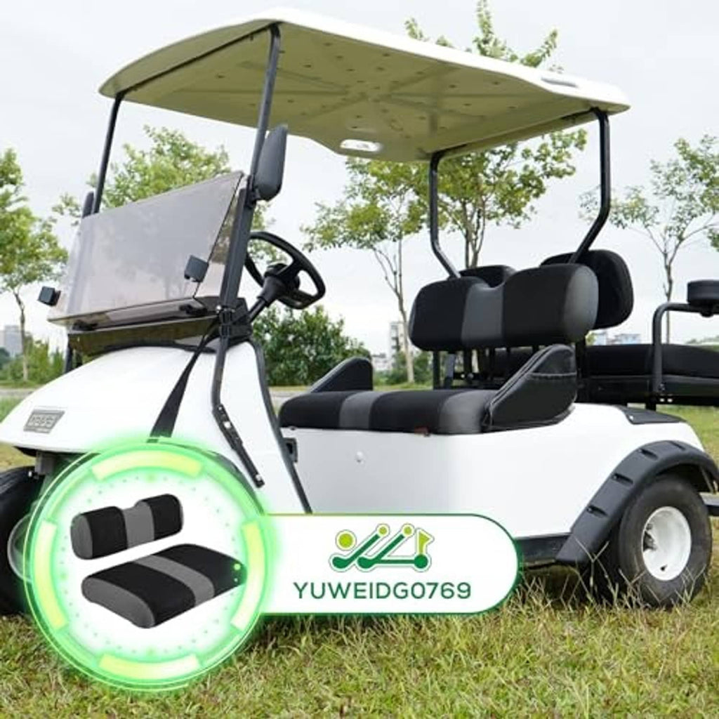 Front seat cushion cover installed on golf cart, black cushions with gray center panels