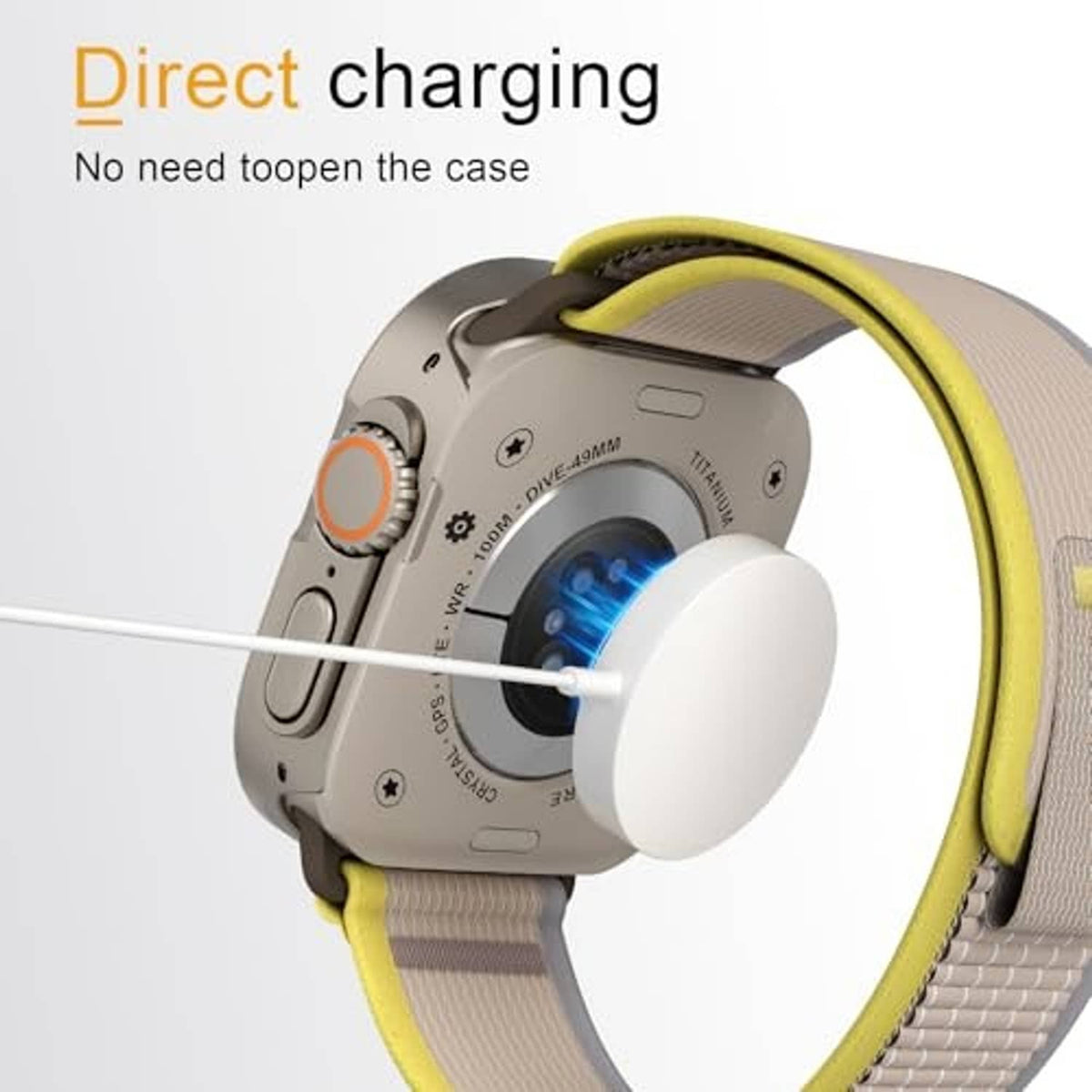Natural titanium metal watch case with clear screen protector, direct charging with cable